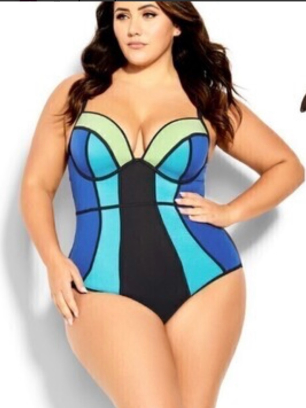 NWT City Chic Color Block Swimsuit size XL (22). Black, aqua,citron. Scuba look